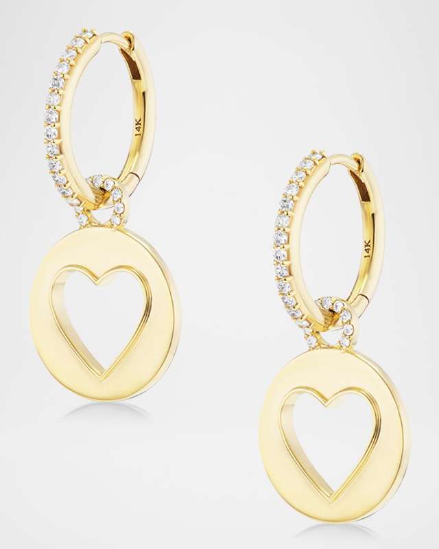 14K Yellow Gold Open Heart Charm Diamond Huggie Hoop Earrings